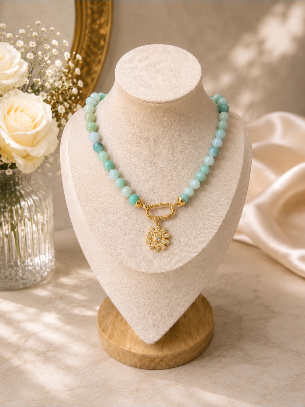 Genuine Amazonite Stone Necklace w/ Gold Daisy Pendant